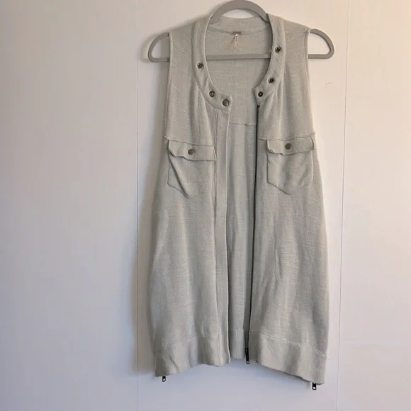 Free People Highway Slub Knit Vest Size S Light Gray Longline Zip Front - Picture 6 of 10